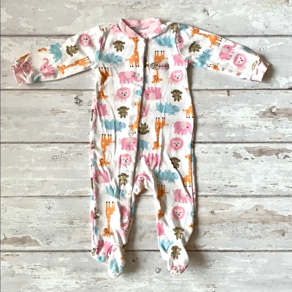 Baby Girl 6m Footie Sleeper 100% Cotton Animals Print Pajamas One Piece